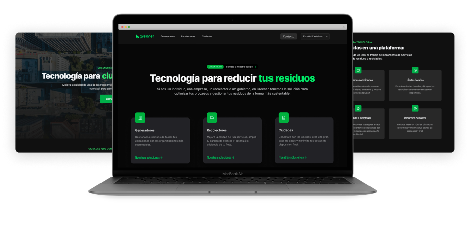 Mockup de computadora con interfaz de la landing page de Greener 