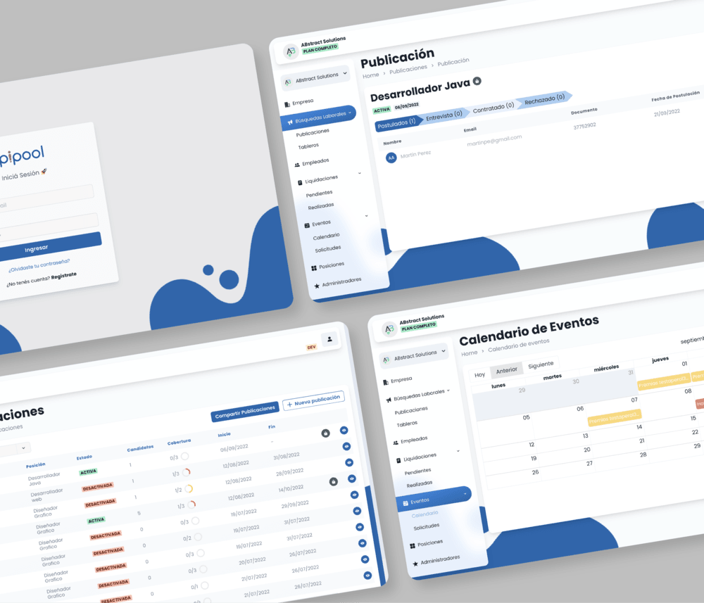 Capturas de pantalla de interfaces de un MVP para empresa de recursos humanos